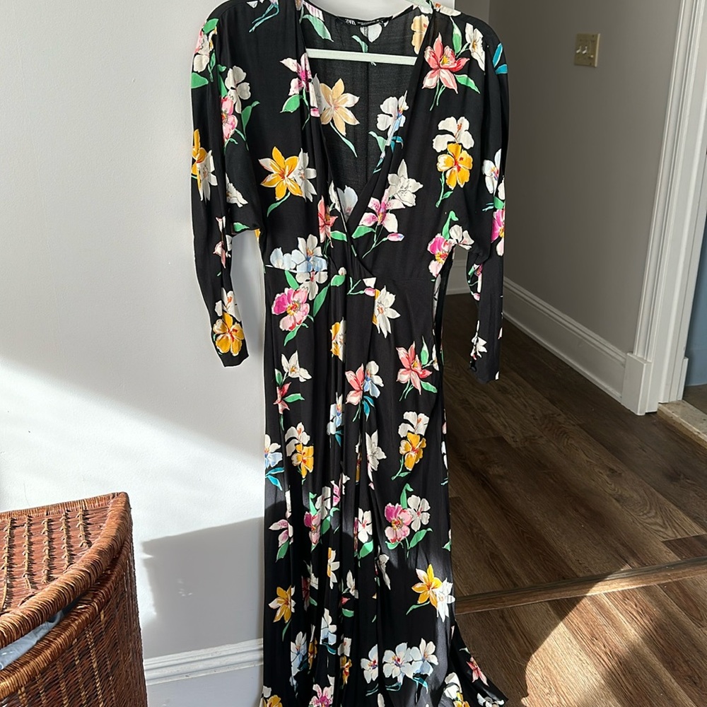 Black draped Gucci style Zara Dress with flowers XS